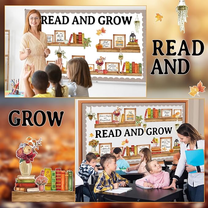 Qilery Bookshelf Bulletin Board Set Read and Grow Motivational Classroom Decor Reading Library Bulletin Board Set Inspirational Cutout for Back to School Classroom Decoration