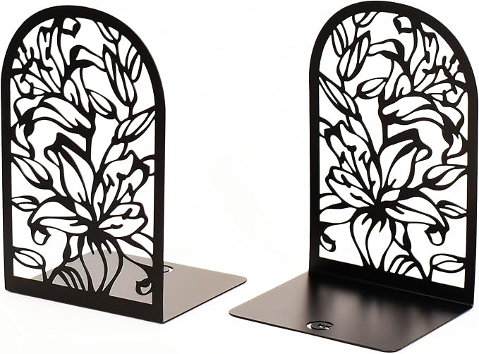 CNK Premium Bookends for Home Office, Heavy Books, Decorative Book Stoppers, Lily Flower Black