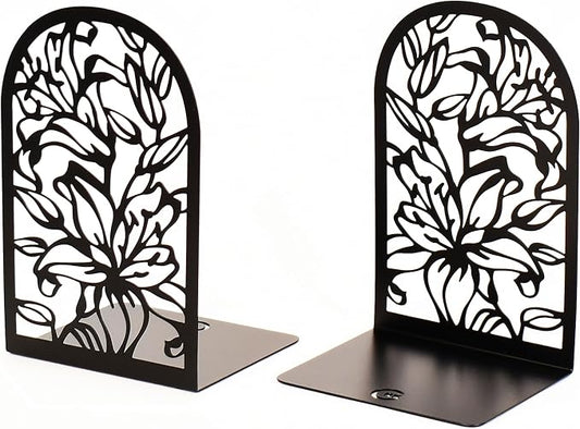 CNK Premium Bookends for Home Office, Heavy Books, Decorative Book Stoppers, Lily Flower Black