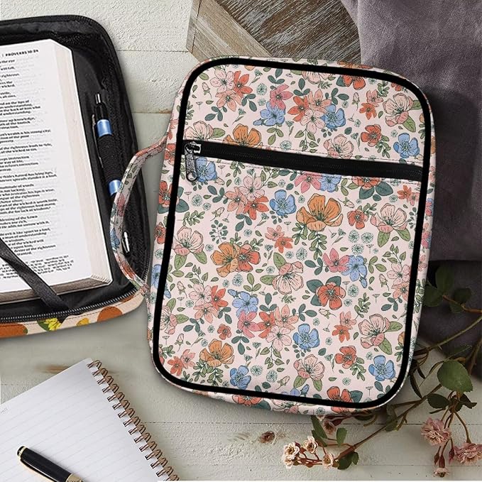 Coldinair Vintage Floral Print Bible Cover for Women Church Bag Bible Organizer and Carrying Case for Large Bibles Flowers Bible Carrying Case for Women, Bible Tote Bag