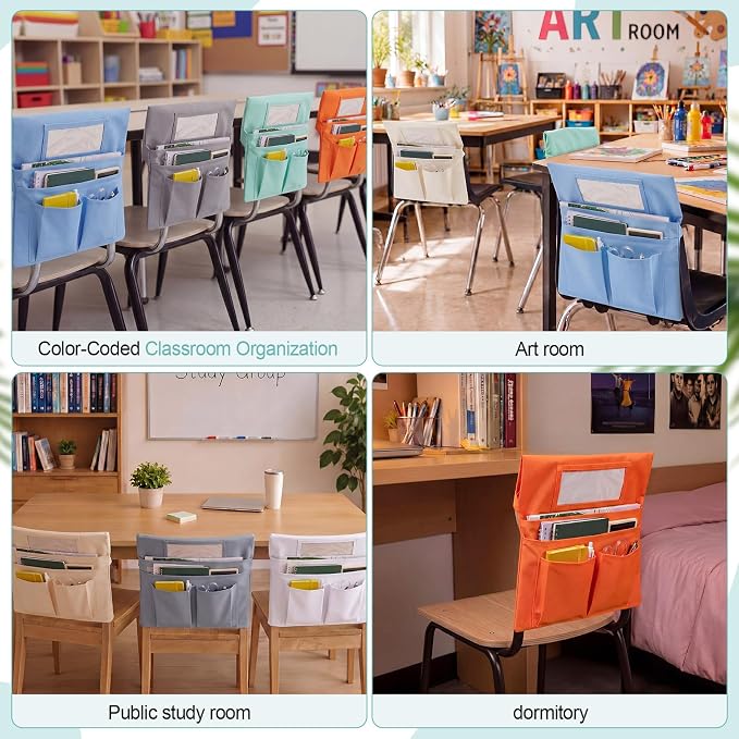 Remagr 24 Pcs Chair Pockets for Classroom Chairs, 14" x 13" Chairs Sacks with Name Tags for Chairback, Multi Pockets Storage Bags Chair Organizer for Kindergarten Elementary School (Pastel Colors)