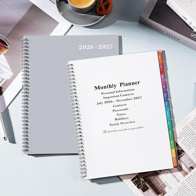 2026-2027 Monthly Planner - 2026-2027 Planner/Calendar - JUL 2026 - DEC 2027, 18-Month Planner with Tabs & Pocket & Label, Contacts and Passwords, 9" x 11", Thick Paper, Twin-Wire Binding - Grey by Artfan
