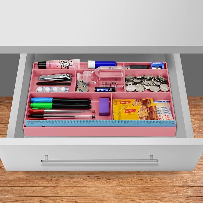 Acrimet Desk Drawer Organizer Tray with 8 Compartments – Multi-Purpose Bin for Office Supplies, Makeup, and Accessories – Fits inside Drawers or Desktops, 12.75" x 8" x 1.06" (Plastic) (Pink Color)