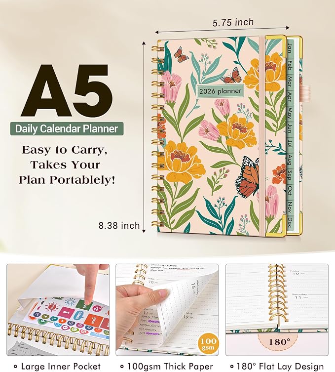 2026 Planner, Hardcover Weekly and Monthly Planner for Women, January 2026 - December 2026, Spiral Yearly Agenda Organizer Book 2026 with Tabs, Daily Calendar Planners for School Work Home, A5 (5.75" x 8.38"), Yellow Floral