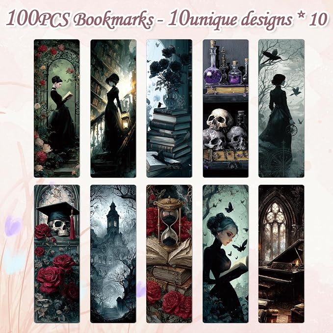 Dark Academia Bookmarks for Women - 100 Pcs Gothic Witchy Vintage Bookmark Dark Romance Book Mark Skull Rose Page Marker Clip Gifts for Book Lovers Students Teachers Bookish Reading