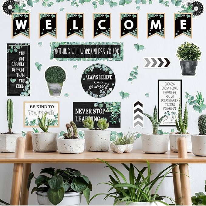 FYSUIMU 47Pcs Modern Farmhouse Inspirational Bulletin Board Welcome Banner Eucalyptus Greenery Paper Cutouts with 100Pcs Glue Points for Back to School Party Classroom Craft Wall Decor