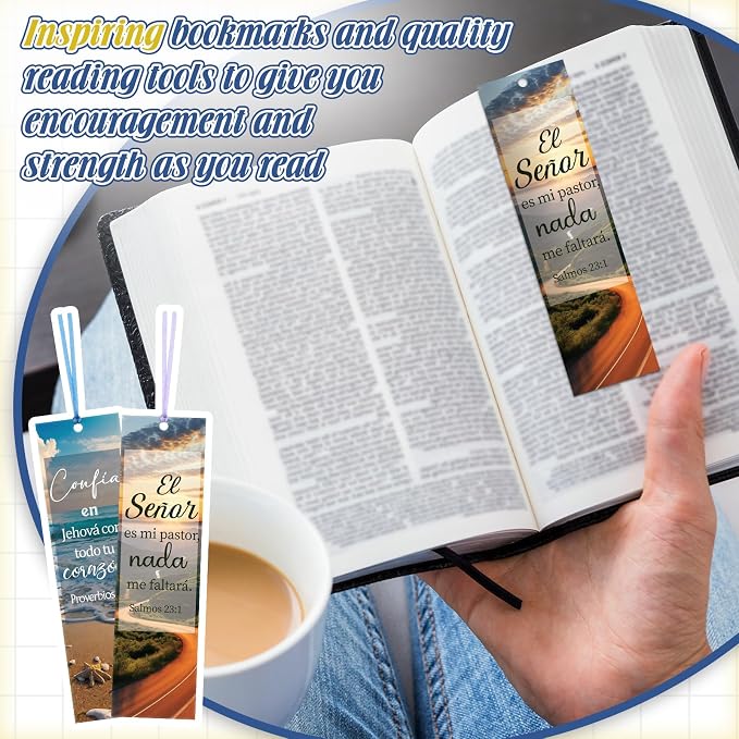 AmazingSpark 120 Pcs Spanish Bible Verse Bookmarks Christian Separadores De Biblia En Español Landscape Spanish Religious Inspirational Bookmarks with Rope for Book Lover Church Prayer Religious Gift