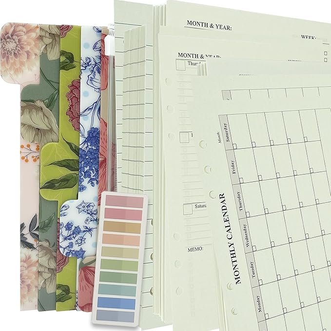 90+54+14 A5 Refill Paper with Undated Monthly Weekly Calendar Planner Inserts, 6 Ring Loose Leaf Lined Filler Paper Refillable for Binder Planner Journal Agenda Notebook