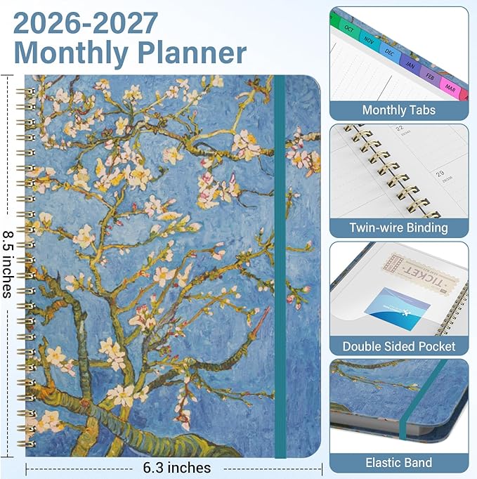 2026 Planner, Weekly and Monthly Calendar Planner for Women, 6.3" x 8.5", Jul 2026 - Jul 2027, Hardcover Planning Agenda book with Tabs, Spiral Bound, Inner Pocket, for School Office Supplies(Almond Tree)