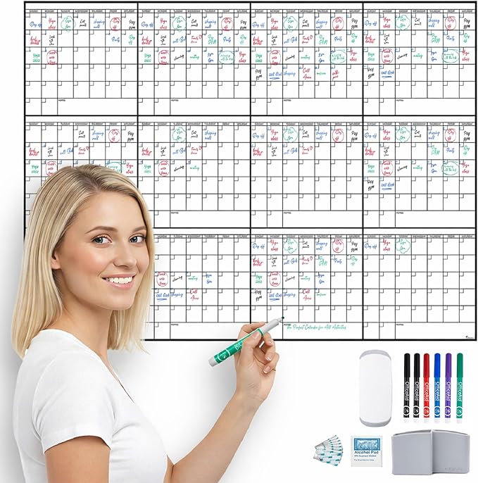 Yearly Large Dry Erase Calendar Wall Planner, 36x48, 12 Month Undated Reusable Laminated Wall Calendar, Blank Erasable Task Organizer with Notes for Office, Classroom & Home