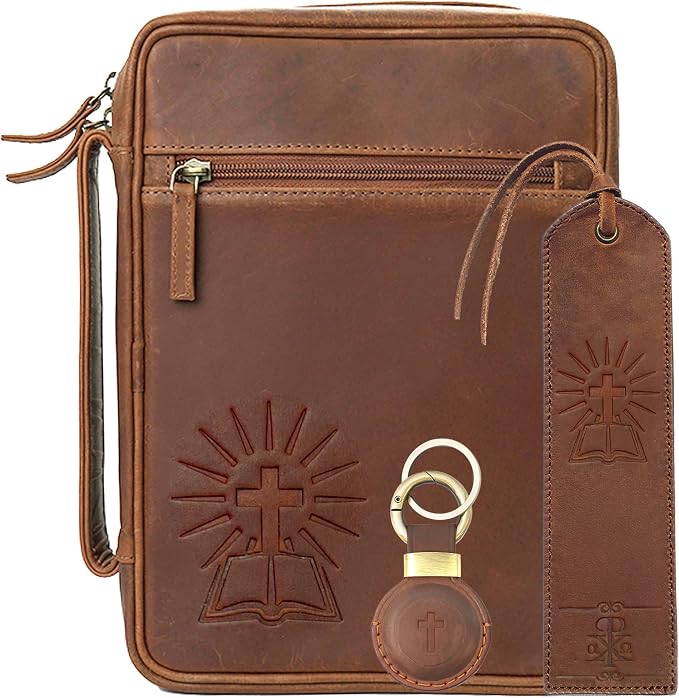 Sovereign-Gear Small Leather Bible Cover - Handmade Buffalo Leather, Cross Embossed, Handle, Zipper, Storage Pockets, Bookmark & AirTag Compatible Holder - Durable Cover for Men & Women