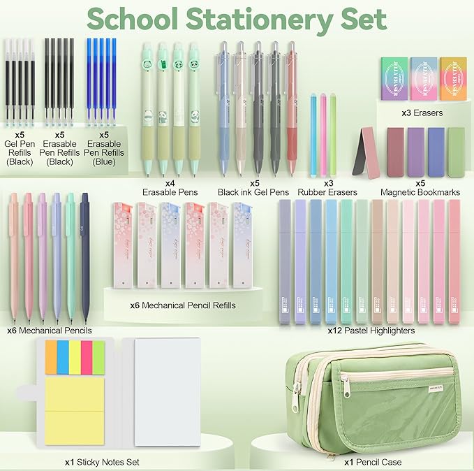 DazSpirit 61 PCS Aesthetic School Supplies with Cute Pencil Case, Pastel No Bleed Highlighters, Gel & Erasable Pens, Mechanical Pencils, Refills, Complete Essentials Stationery Kit for Students, Green