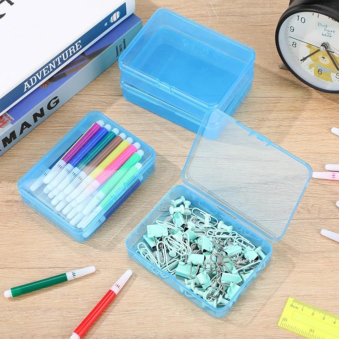Dunzoom 25 Pcs Plastic Crayon Boxes with Lids, 4.53 x 3.35 x 1.1 Inches Stackable Small Storage Organizer Containers Crayon Pencil Case for Art Crafts Jewelry Beads Office Supplies(Blue)