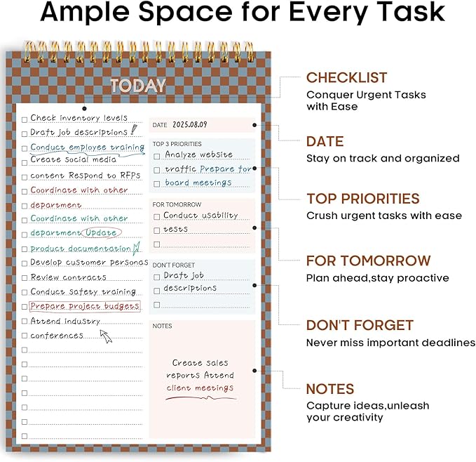 Taja To Do List Notepad - To Do List Notebook for Work with 52 Sheets, 9.8" x 6.5", Undated Daily Planner Perfect for Daily Tasks and Goal Setting, Notepad Suitable for Office, Home & School - Earth Checkered