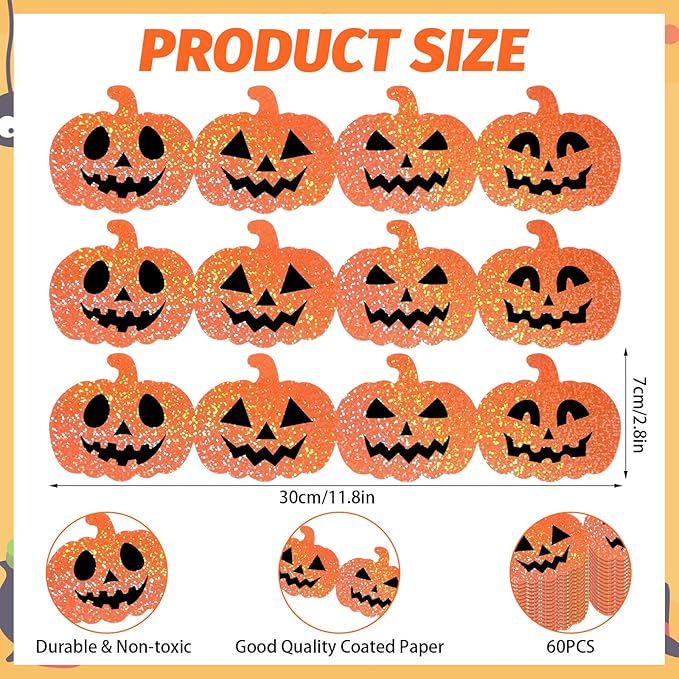 JarThenaAMCS 60 Pcs Halloween Bulletin Board Borders Orange Laser Pumpkin Face Border Trim Sparkly Self-Adhesive Sticker Decals for Holiday Party Home Classroom