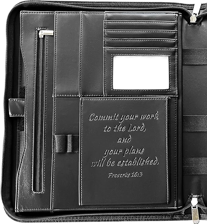 DEHITE Leather Portfolio for Men – Padfolio Case for Men and Women – Black Bible Notebook Organizer – Pen Slots – Zipper Binder – Premium PU Leather – Feels Like Full-Grain – Office Gift Accessories