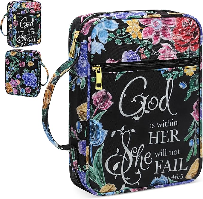 Bible Cover for Women, Bible Holder, Bible Cover Carrier Carrying Organizer Bag, God is Within Her She Will Not Fall, Zipper and Pockets for Standard Size Bible, Gift for Women（Chalk Drawing）