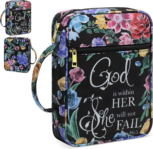 Bible Cover for Women, Bible Holder, Bible Cover Carrier Carrying Organizer Bag, God is Within Her She Will Not Fall, Zipper and Pockets for Standard Size Bible, Gift for Women（Chalk Drawing）