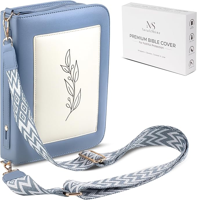 Bible Cover Case for 7 X 9 inch Books, Bible Cases for Woman, Standard PU Leather Bible Covers for Women w/Shoulder Strap, Zipper Closure, Ideal for Christian Art Gifts Bible Cover, Grey