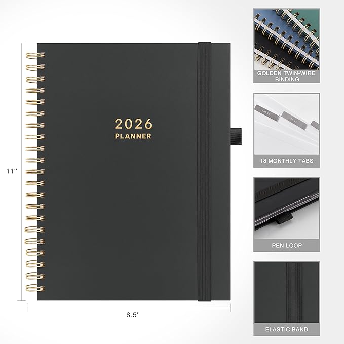 And Per Se 2026 Planner, A4 Size-Daily, Weekly & 18-Monthly Planner, Daily Schedule, Monthly Tabs, 100 GSM Thick Paper(Black)