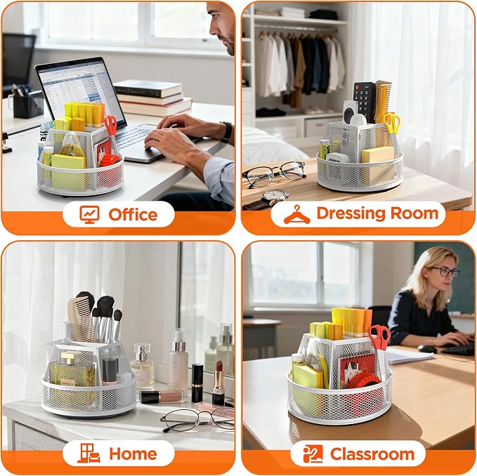 Docnest 360° Rotating Pen Holder,Heavy-Duty Metal Mesh Desk Organizer with 6 Compartments for Pencils,Scissors & Markers –Space Saving Office Supply for Teachers, Students & Home Desk-White
