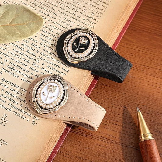 2PCS Magnetic Bookmarks with Pen Clip, Leather Bookmarks for Women, Magnetic Pen Holder Book Accessories, Gold Rose