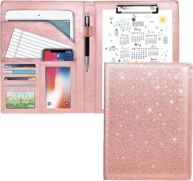 Padfolio/Resume Portfolio Folder Glitter Pink for Women,WAVEYU Cute Pink Padfolio Cover Folder, Conference/Legal Document Organizer with Letter/A4 Size Clipboard, Document Sleeve