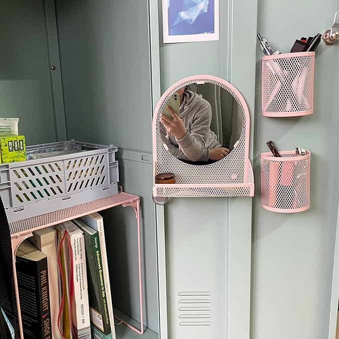 Svartur Locker Mirror Magnetic with 2 Magnetic Pen Holders, Pink Locker Accessories for Girls, Locker Organizer for Work, for School Locker Decor, Gym Locker, Fridge