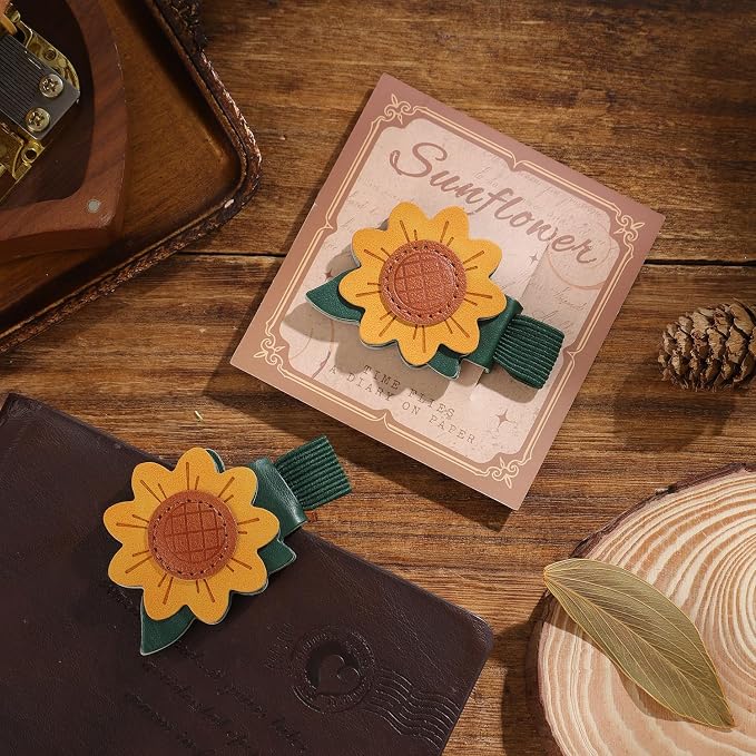 2PCS Vintage Magnetic Leather Bookmark, Leather Magnetic Bookmarks for Women,Unique Book Marks Gifts for Book Lovers， Magnetic PU Bookmarks Clip Book Accessories for Adults & Kids，Sunflower & Leaf
