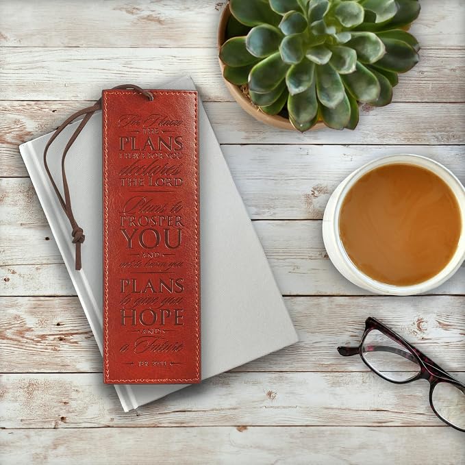 Christian Art Gifts Premium Vegan Leather Scripture Bookmark for Men: I Know The Plans - Jeremiah 29:11 Inspirational Bible Verse, Heat-Debossed, Faith-Based Reading Accessory, Brown with Cord Tassel