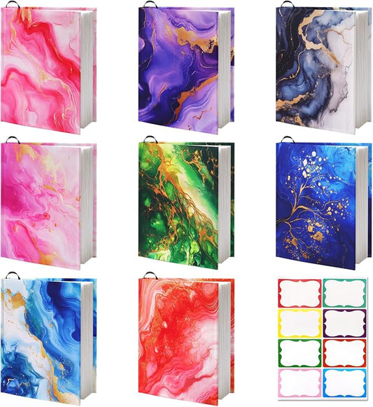 8 Pack Stretchable Book Covers, Marble Book Sleeve for Paperbacks Hardcover Textbook up to 9 x 11 in, Washable, Reusable Book Protector with Label Sticker for School Boys Girls Read Lovers