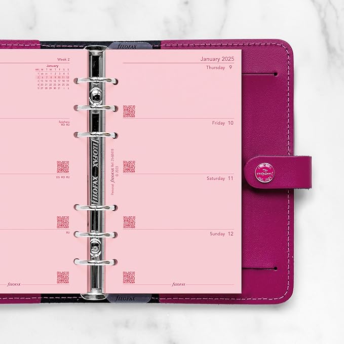 Filofax Calendar Diary Refill, Personal/Compact Size, Week-to-View, Pink Paper, Unruled, English, 2025 (C68478-25)