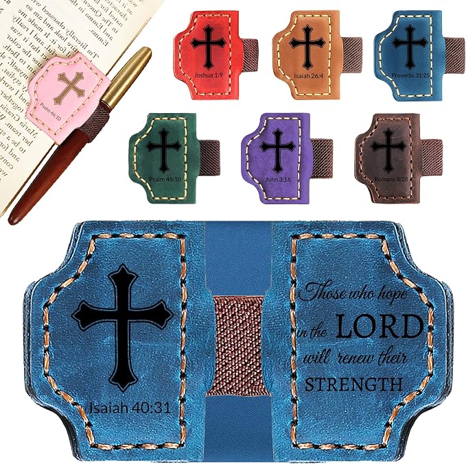 Personalized Leather Bookmark with Pen Holder - Magnetic Bible Verse Design, Christian Book Lovers Reading Accessory, for Book Lovers Men Women (Blue, lsaiah 40:31)