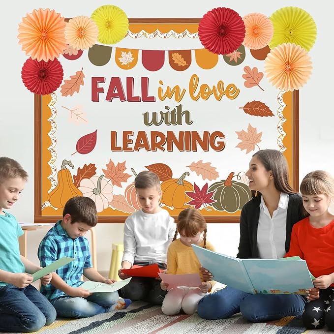 Containlol 66 Pcs Fall Thanksgiving Bulletin Board Decorations Thanksgiving Fall in Love with Learning Classroom Bulletin Board with 3D Paper Fans Boho Pumpkin Maple Leaves Cutouts for Classroom Decor