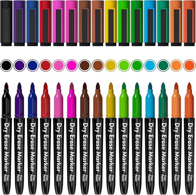 Lelix 15 Colors Dry Erase Markers, Magnetic Whiteboard Markers Fine Point with Eraser for Back to School, Office, Home Perfect for Writing on White Board, Dry Erase Board, Mirror, Glass