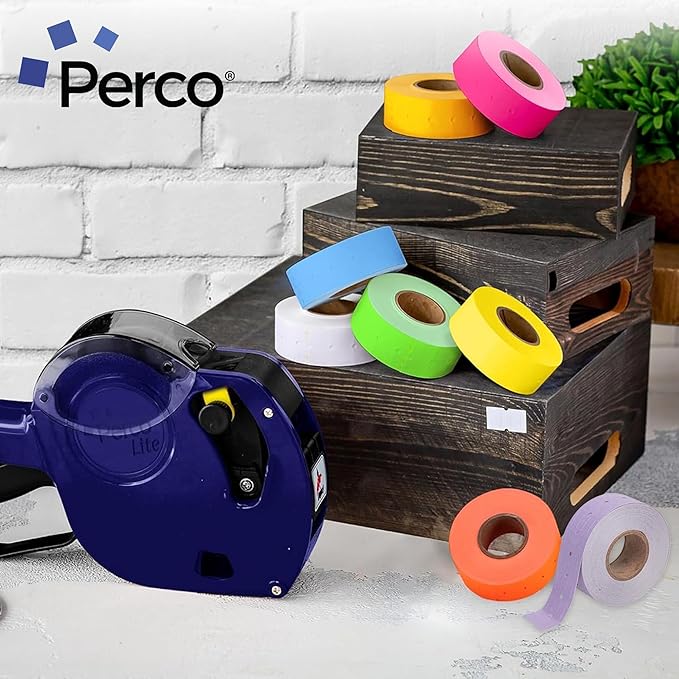 Perco 1 Line Multicolored Sleeve—240 Rolls, 30 Sleeves, 240,000 Labels for Perco Lite, X, Plus & Pro Guns—Includes White, Yellow, Blue, Lavender & Fluorescent Colors (Red, Green,Pink, Orange)—USA Made