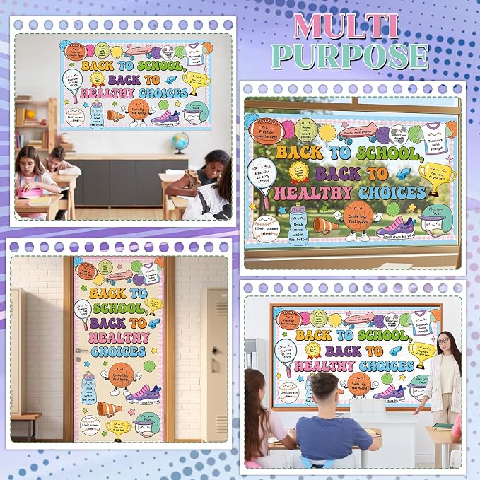 Back to School Bulletin Board Set Healthy Habits Sports Classroom Decoration Motivational Back to Healthy Choices Bulletin Board Cutouts for School Classroom Nurse Office Door Chalkboard Wall Decor