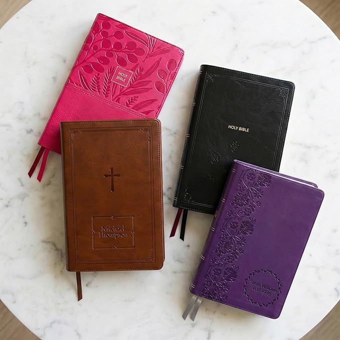 Personalized NKJV Reference Bible, Custom Name Text & Design, New King James Version, Large Print, Red Letter, Cross References, Faux Leather Purple, Baptism Confirmation Gift