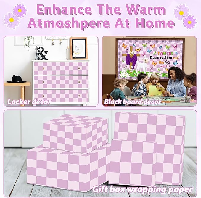 Purple Checked Bulletin Board Paper Roll Retro Pastel Purple Bulletin Board Background Back to School Classroom Decor Poster for Art Craft DIY Project Home Office Girls Party Supplies 17.7in x 20ft