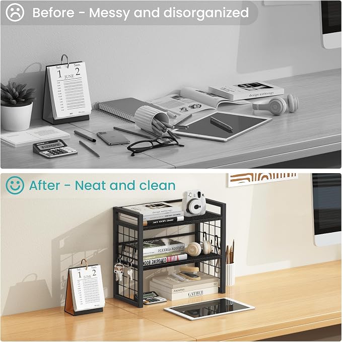 ELITEROO Desk Shelf Organizer, 2 Tier Desktop Bookshelf for Top of Desk Organization, Adjustable Wooden Storage Rack, Table Top Display Shelf for Home Office, Bedroom, Black