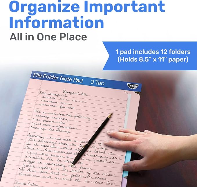 Find It File Folder Notepad - Pack of 12-9.5 x 12.5 Inch Notebook Organizer Folders for Filing, Document, and Clipboard Organization - Pastel