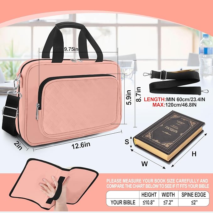 Bible Cover,Pink Large Bible Bag for Women, Study Supplies Journaling Kit Book Carrying Case with Bible Highlighters Shoulder Strap Christian Gifts