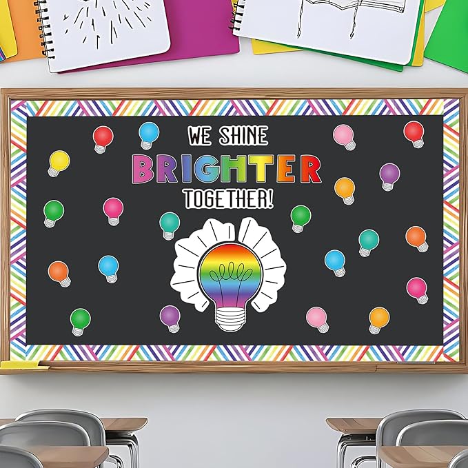 FYSUIMU 64Pcs Back to School Bulletin Board Kit Colorful Light Bulb We Shine Bright Together Paper Cutouts with 60Pcs Glue Points for First Day of School Party Classroom Wall Decor