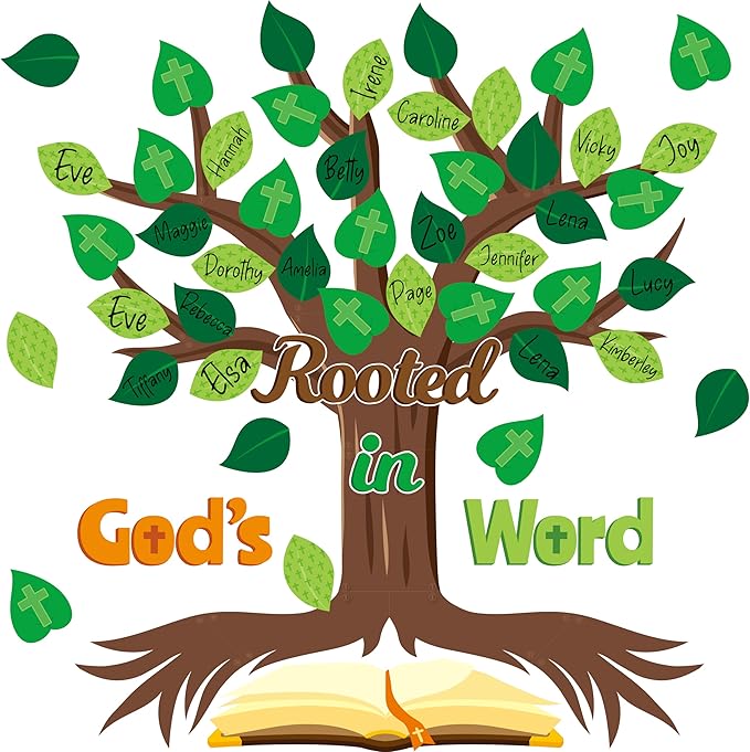 CY2SIDE Leaves Bible Tree Bulletin Board - 86PCS Rooted in God’s Word Tree Bulletin Board Set Green Leaves Name Tag Trees Cutouts Trim Borders for Faith Religious Sunday School Wall Decor