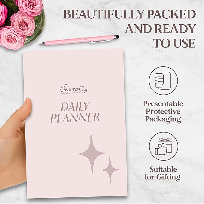 Decorably 168 Pages Undated Daily Notebook for Work with Hourly Schedule - 6.3x9.3in Gold Spring-Bound, with Top Priorities, to-dos, Notes, Ideas & Inspirational Quotes - Home, School, Office