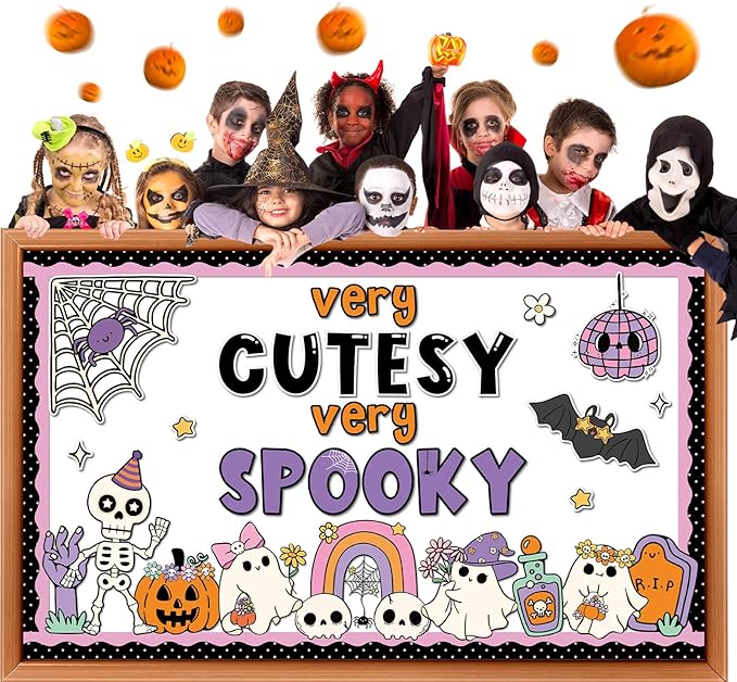 Halloween Bulletin Board Decorations Cute Ghost Paper Cutouts Very Cutesy Very Spooky Bulletin Board Set Pumpkin Spider Bat Party Supplies for Halloween School Chalkboard Wall Window Decoration Favor
