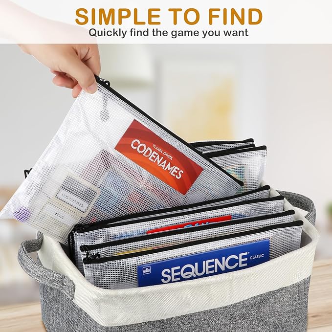 Board Game Storage Kit Include Storage Basket and 10pcs Zipper Bags, Board Game Organizer with Writable Stickers and Dispensing, Suitable for Puzzle Storage, Toys, Document (1 Pack-Grey)