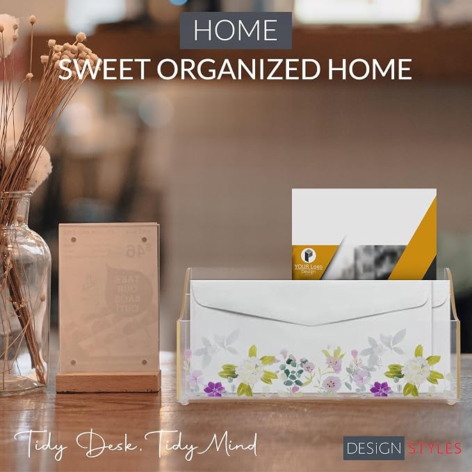 Papyrus Acrylic Mail Organizer – Gold Edge Clear Desk Organizer with Double Sided Floral Prints – Small Letter Holder for Mail, Bills, Cards, and More – Desktop Stationary Organizer – Office Supplies