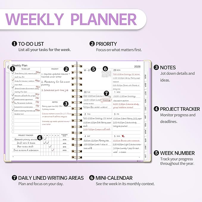 Academic Planner 2026-2027, Weekly and Monthly, A5 Size (5.7" x 8.3"), July 2026 - June 2027, To-do List for Tracking, for School, Home, Office, Hardcover, 12-Month Tabs (Purple)