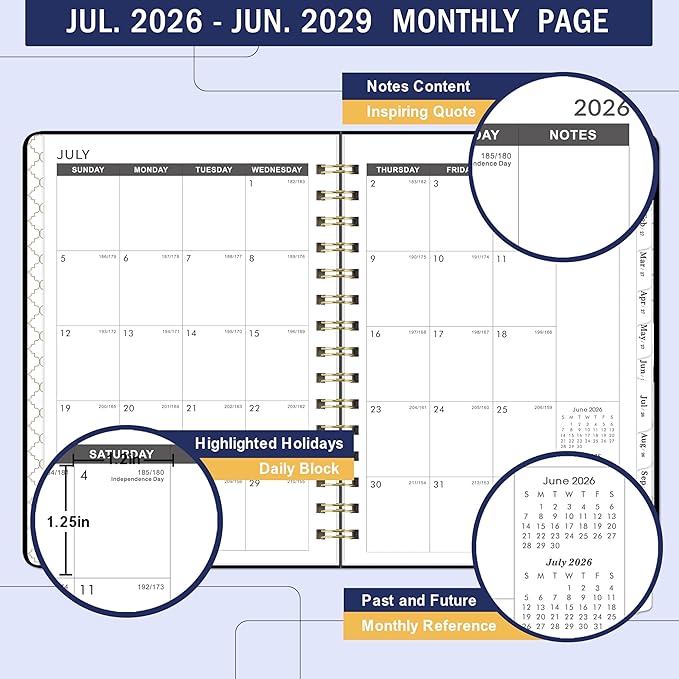 2026-2029 Monthly Planner - 3 Year Monthly Planner from July 2026 to June 2029, 6.4'' x 8.5'', Calendar Planner 2026-2029 with Thick Paper and Tabs, Blue